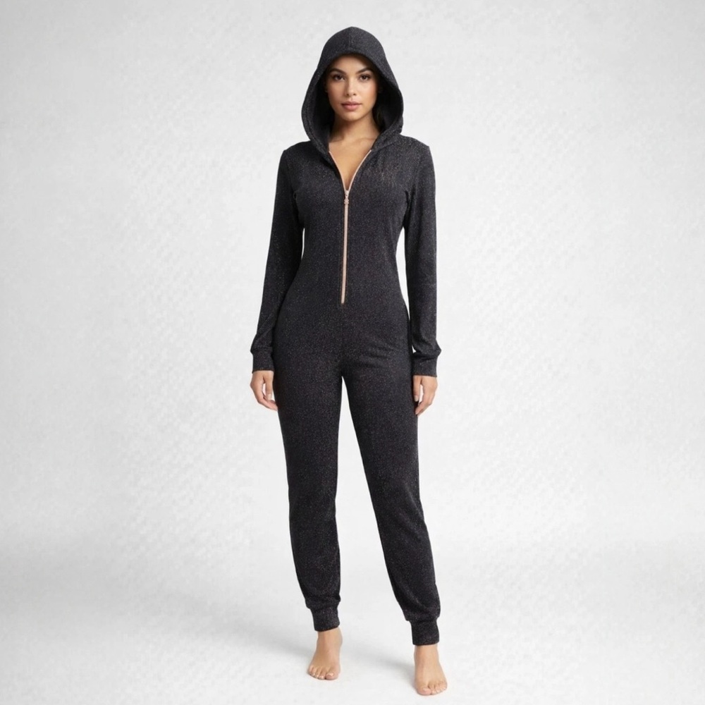 Savage X Fenty Black Jumpsuit Silver Glitter Hooded Stretch Rhianna Size S